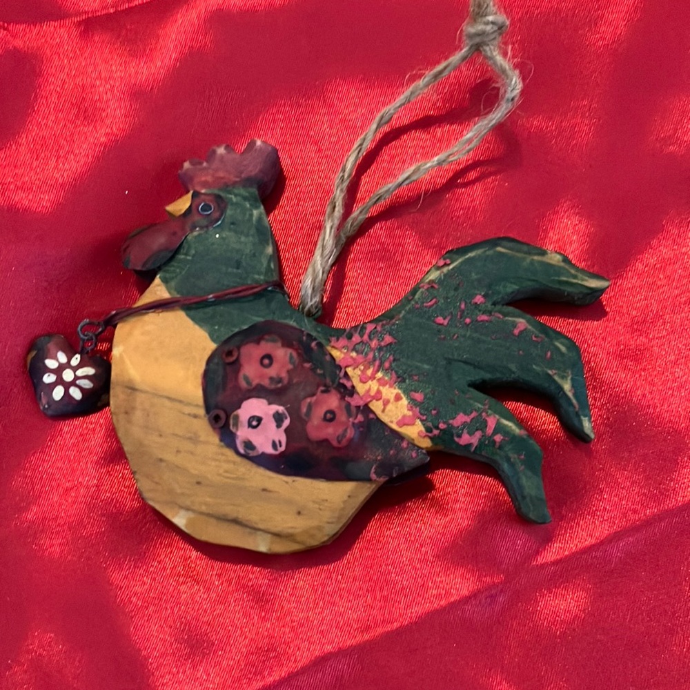 Vintage wood and Metal Painted Christmas Tree Ornament Rooster with Heart